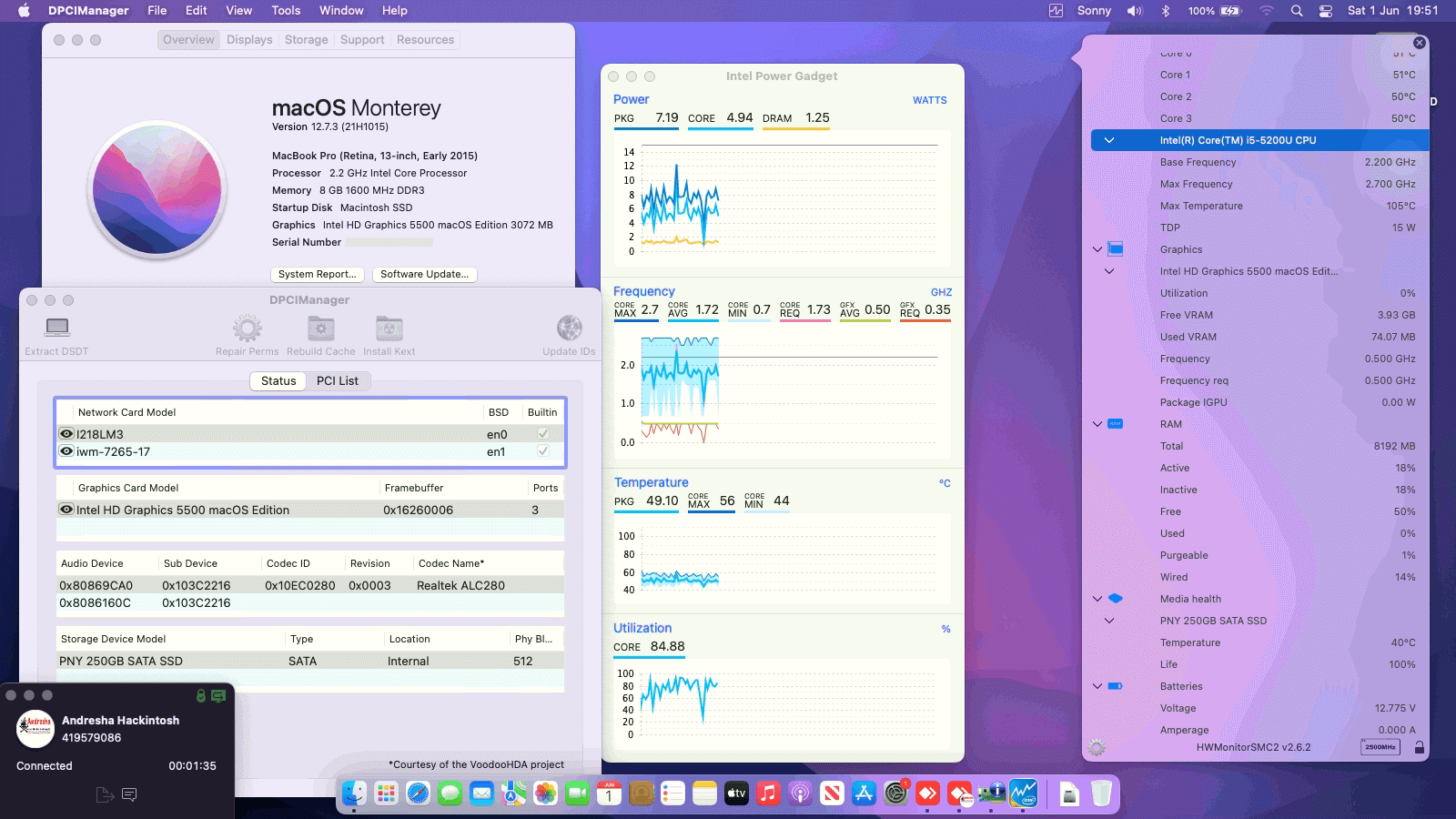 Success Hackintosh macOS Monterey 12.7.3 Build 21H1015 in HP EliteBook 840 G2